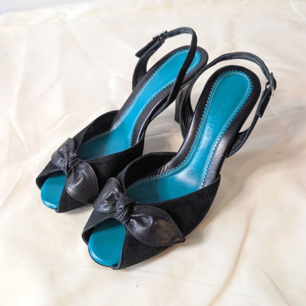 Y2K Cole Haan Peep Toe Bow Detail Leather Suede Mix Slingback Kitten Heels Sz 6B